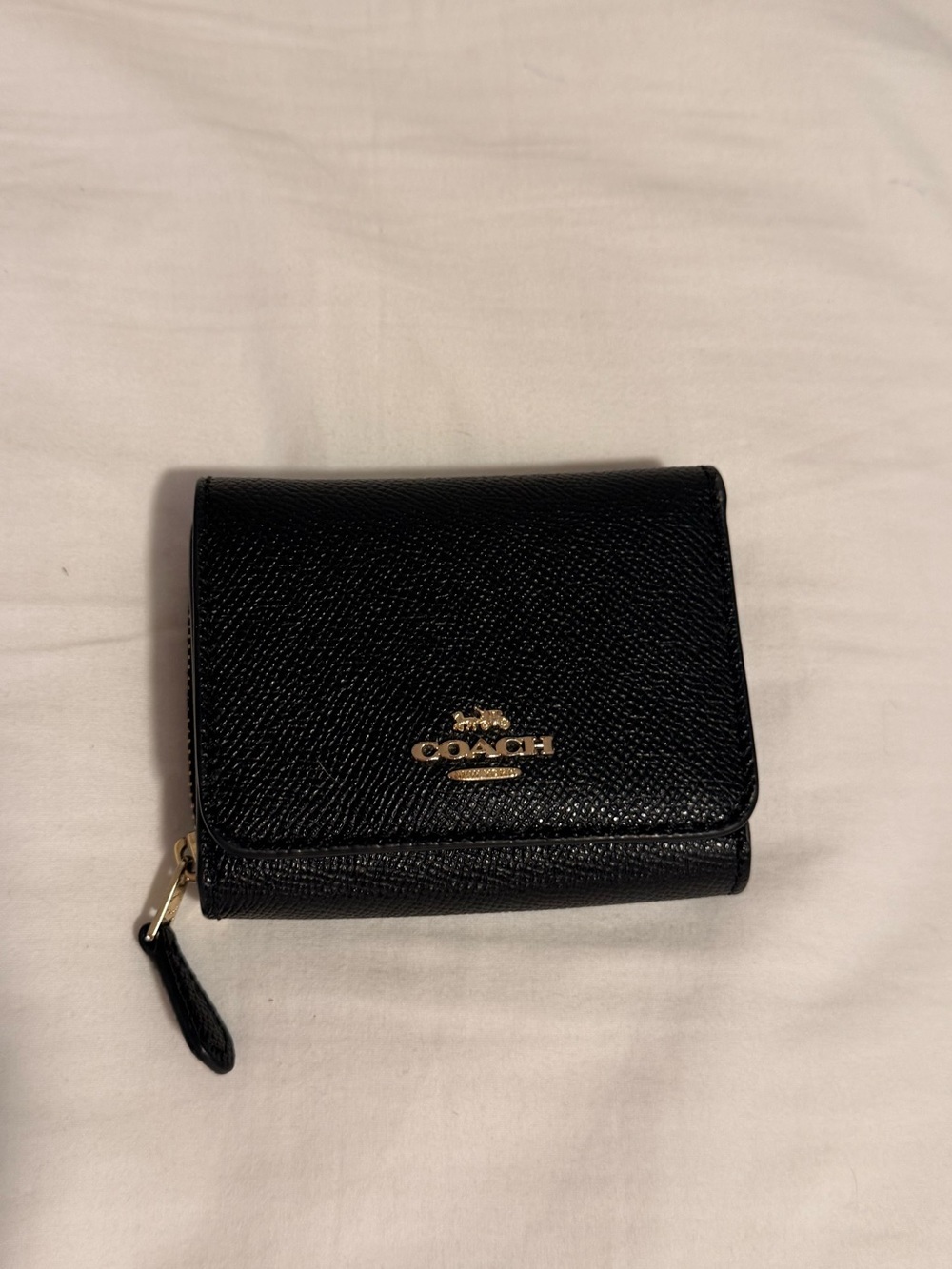 Coach Black Pebbled Leather Tri-Fold Wallet with Gold Logo